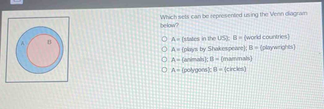 which sets can be represented using the venn diagram below?\no a = {states in the us}; b = {world countries}\no a = {plays by shakespeare}; b = {playwrights}\no a = {animals}; b = {mammals}\no a = {polygons}; b = {circles}