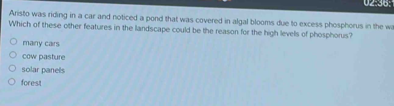 aristo was riding in a car and noticed a pond that was covered in algal blooms due to excess phosphorus in the water. which of these other features in the landscape could be the reason for the high levels of phosphorus?\nmany cars\ncow pasture\nsolar panels\nforest