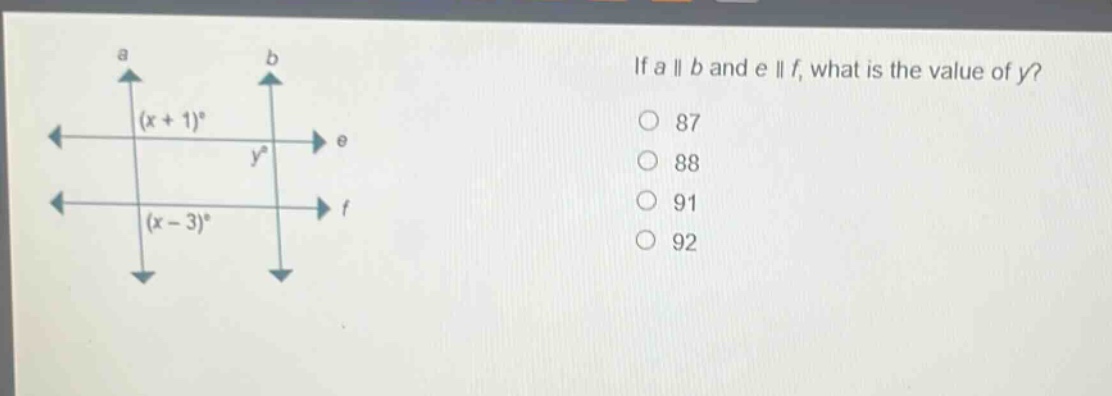 if a || b and e || f, what is the value of y?\n87\n88\n91\n92