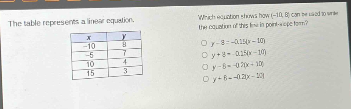 the table represents a linear equation. which equation shows how (-10, 8) can be used to write the equation of this line in point - slope form?\n|x|y|\n|-10|8|\n|-5|7|\n|10|4|\n|15|3|\no y - 8=-0.15(x - 10)\no y + 8=-0.15(x - 10)\no y - 8=-0.2(x + 10)\no y + 8=-0.2(x - 10)