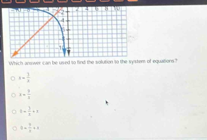 which answer can be used to find the solution to the system of equations?\n$x = \\frac{3}{x}$\n$x = \\frac{9}{x}$\n$0 = \\frac{3}{x}+x$\n$0 = \\frac{9}{x}+x$