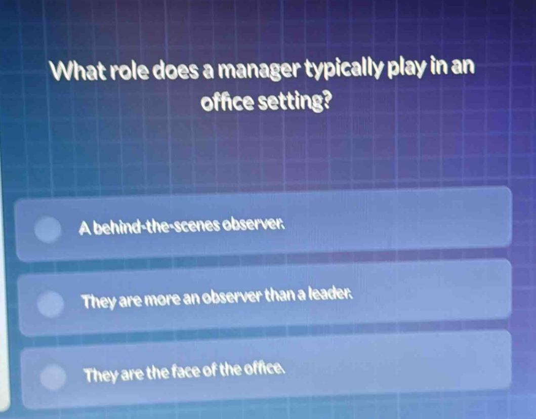 what role does a manager typically play in an office setting?\na behind - the - scenes observer.\nthey are more an observer than a leader.\nthey are the face of the office.