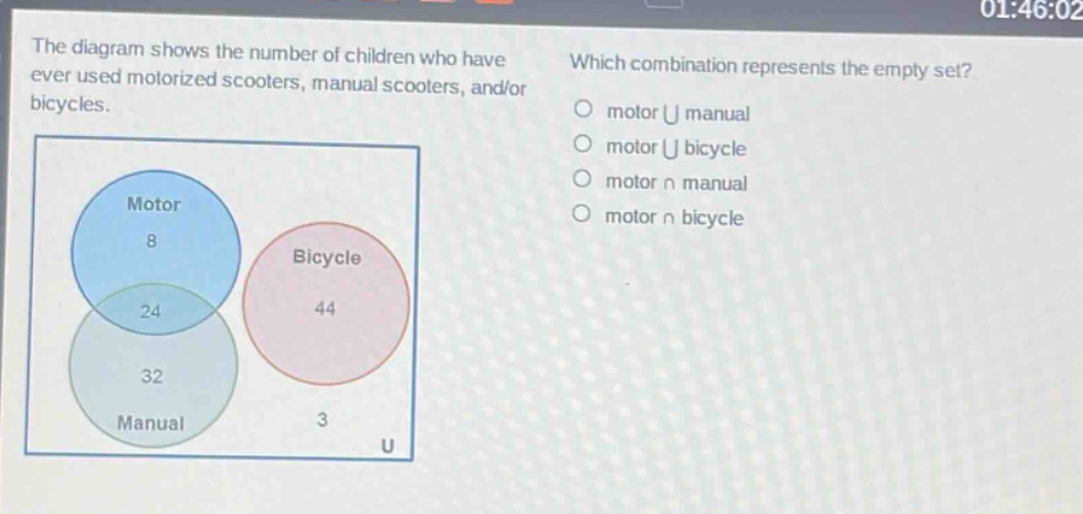 the diagram shows the number of children who have ever used motorized scooters, manual scooters, and/or bicycles. which combination represents the empty set? motor ∪ manual motor ∪ bicycle motor ∩ manual motor ∩ bicycle