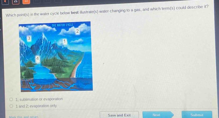 which point(s) in the water cycle below best illustrate(s) water changing to a gas, and which term(s) could describe it? 1; sublimation or evaporation 1 and 2; evaporation only
