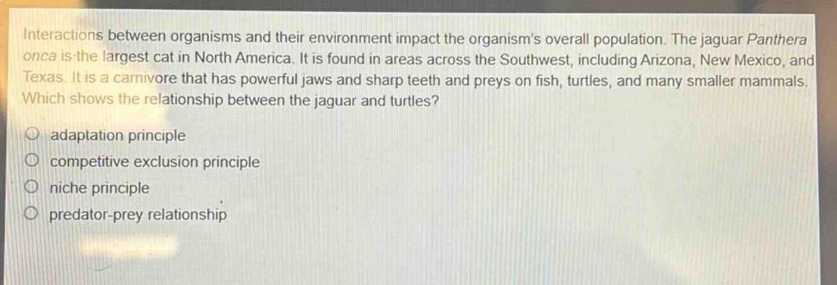 interactions between organisms and their environment impact the organisms overall population. the jaguar panthera onca is the largest cat in north america. it is found in areas across the southwest, including arizona, new mexico, and texas. it is a carnivore that has powerful jaws and sharp teeth and preys on fish, turtles, and many smaller mammals. which shows the relationship between the jaguar and turtles?\no adaptation principle\no competitive exclusion principle\no niche principle\no predator - prey relationship