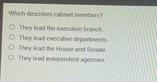 which describes cabinet members?\no they lead the executive branch.\no they lead executive departments.\no they lead the house and senate.\no they lead independent agencies.