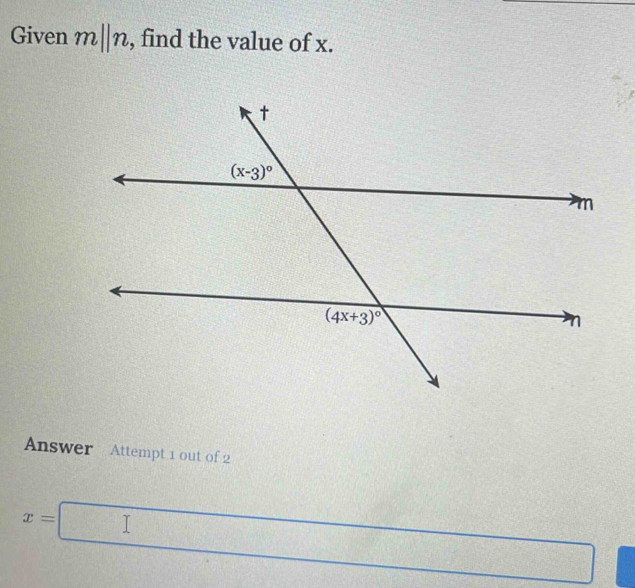 given m||n, find the value of x.\nanswer attempt 1 out of 2\nx =