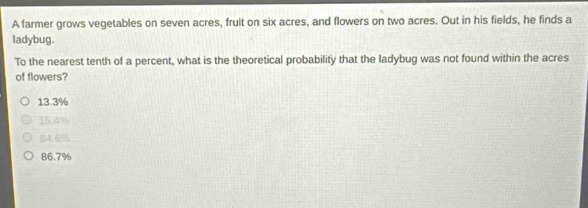 a farmer grows vegetables on seven acres, fruit on six acres, and flowers on two acres. out in his fields, he finds a ladybug. to the nearest tenth of a percent, what is the theoretical probability that the ladybug was not found within the acres of flowers? 13.3% 15.4% 84.6% 86.7%