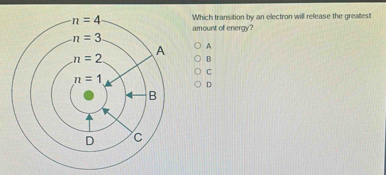 which transition by an electron will release the greatest amount of energy?\na\nb\nc\nd