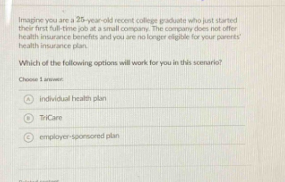 imagine you are a 25 - year - old recent college graduate who just started their first full - time job at a small company. the company does not offer health insurance benefits and you are no longer eligible for your parents health insurance plan. which of the following options will work for you in this scenario? choose 1 answer: a individual health plan b tricare c employer - sponsored plan