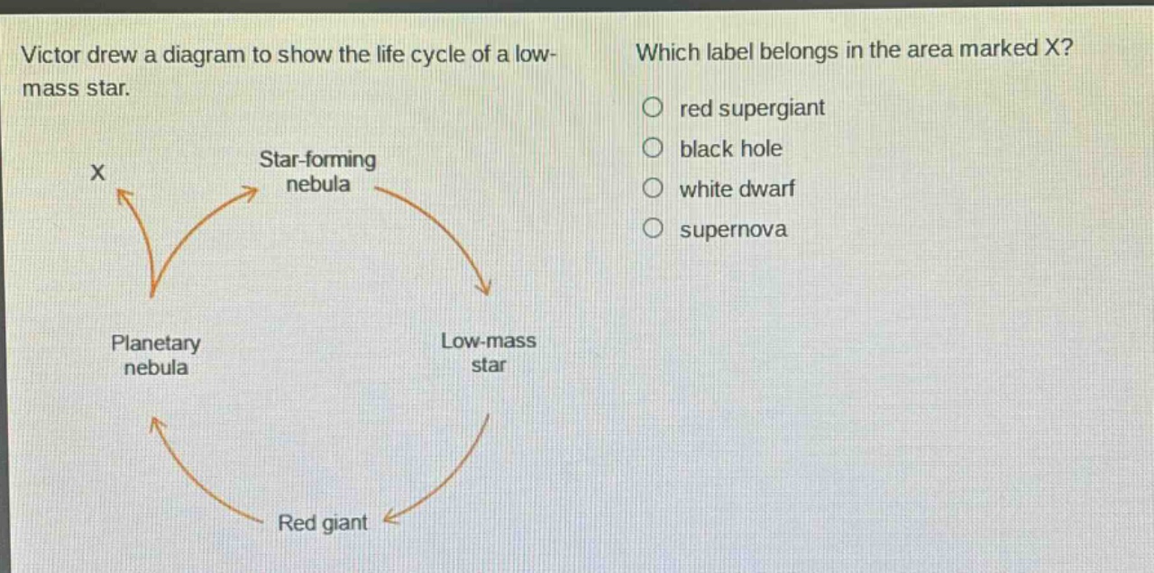 victor drew a diagram to show the life cycle of a low - mass star. which label belongs in the area marked x? red supergiant black hole white dwarf supernova