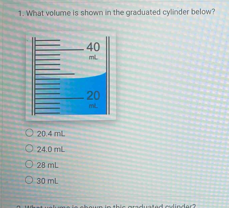 1. what volume is shown in the graduated cylinder below? 20.4 ml 24.0 ml 28 ml 30 ml