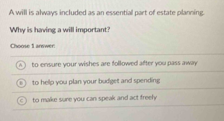 a will is always included as an essential part of estate planning. why is having a will important? choose 1 answer: a to ensure your wishes are followed after you pass away b to help you plan your budget and spending c to make sure you can speak and act freely