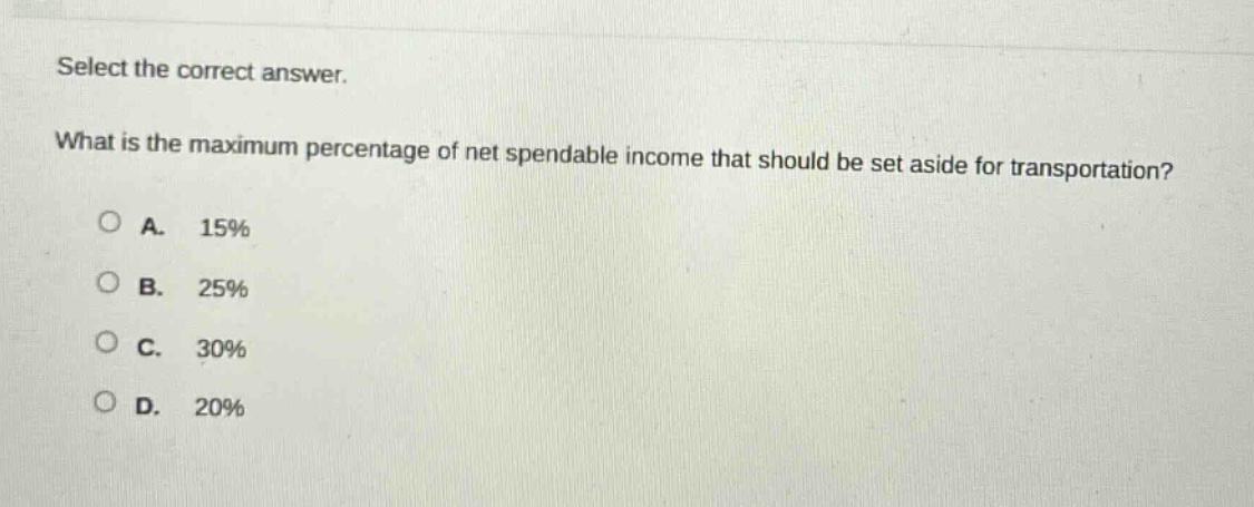 select the correct answer. what is the maximum percentage of net spendable income that should be set aside for transportation?\na. 15%\nb. 25%\nc. 30%\nd. 20%
