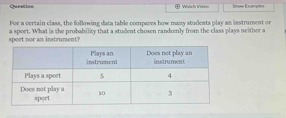 for a certain class, the following data table compares how many students play an instrument or a sport. what is the probability that a student chosen randomly from the class plays neither a sport nor an instrument?\n| |plays an instrument|does not play an instrument|\n|--|--|--|\n|plays a sport|5|4|\n|does not play a sport|10|3|