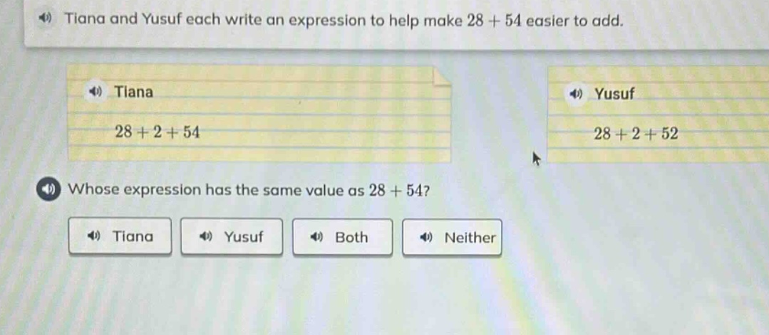 tiana and yusuf each write an expression to help make 28 + 54 easier to add.\ntiana: 28 + 2 + 54\nyusuf: 28 + 2 + 52\nwhose expression has the same value as 28 + 54?\ntiana\nyusuf\nboth\nneither