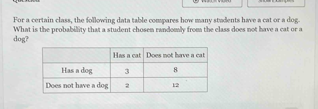 for a certain class, the following data table compares how many students have a cat or a dog. what is the probability that a student chosen randomly from the class does not have a cat or a dog?\n| |has a cat|does not have a cat|\n|--|--|--|\n|has a dog|3|8|\n|does not have a dog|2|12|
