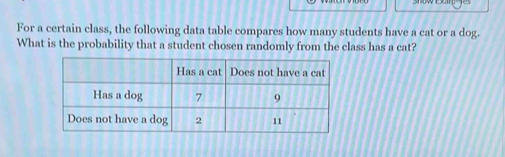 for a certain class, the following data table compares how many students have a cat or a dog. what is the probability that a student chosen randomly from the class has a cat?\n| |has a cat|does not have a cat|\n|--|--|--|\n|has a dog|7|9|\n|does not have a dog|2|11|
