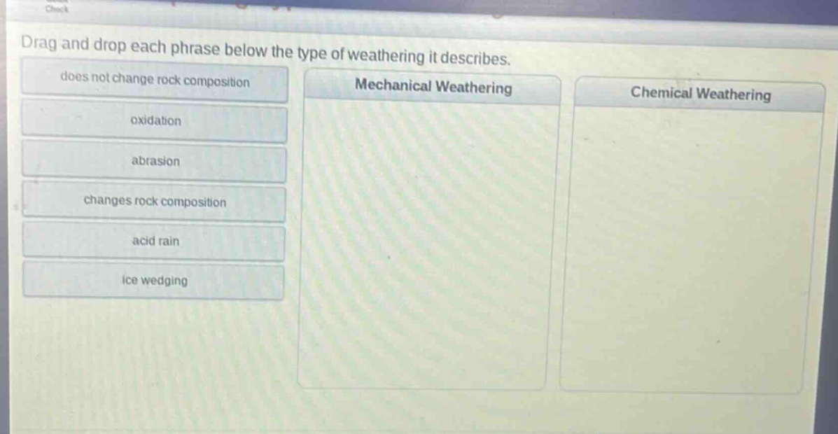 drag and drop each phrase below the type of weathering it describes. does not change rock composition oxidation abrasion changes rock composition acid rain ice wedging mechanical weathering chemical weathering
