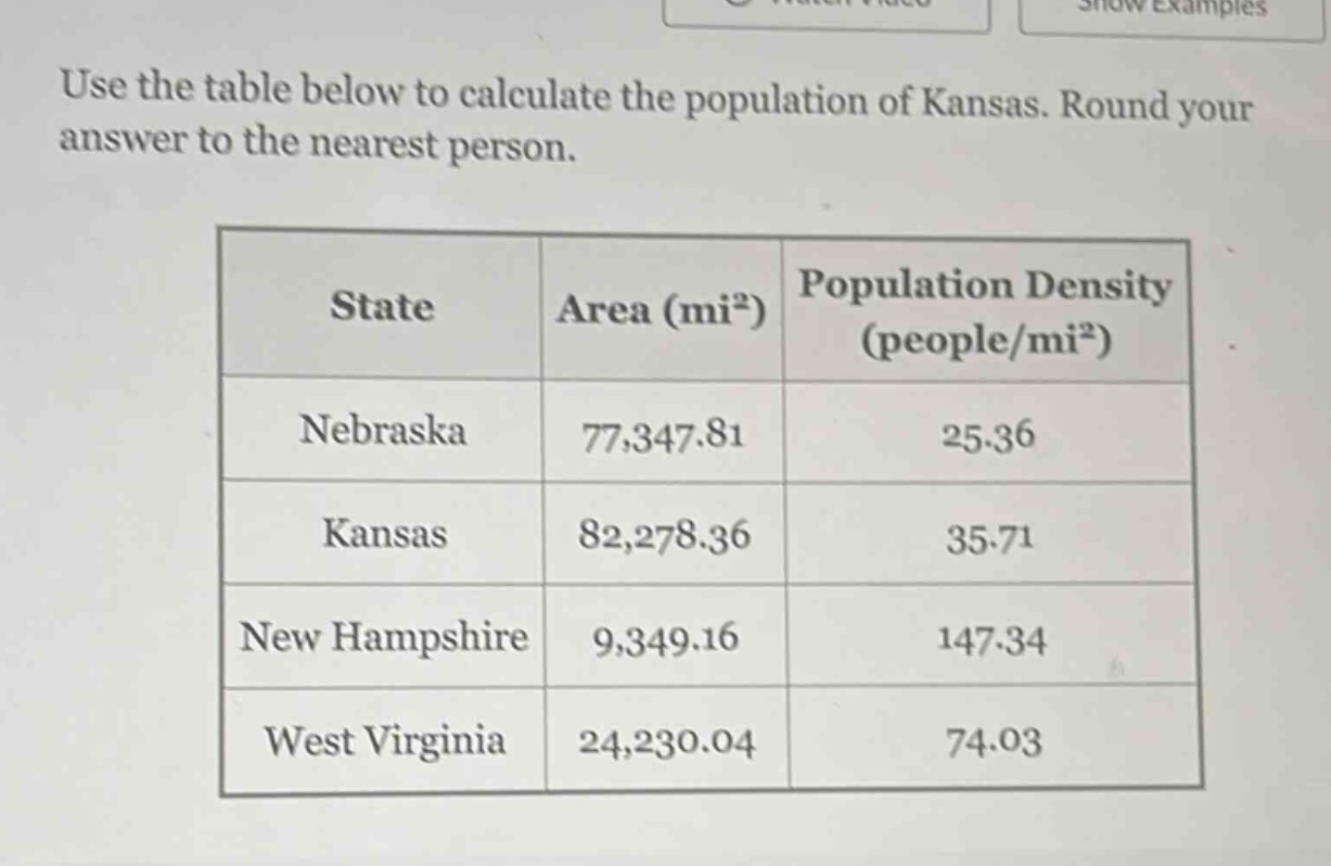 use the table below to calculate the population of kansas. round your answer to the nearest person.\n| state | area (mi²) | population density (people/mi²) |\n| ---- | ---- | ---- |\n| nebraska | 77,347.81 | 25.36 |\n| kansas | 82,278.36 | 35.71 |\n| new hampshire | 9,349.16 | 147.34 |\n| west virginia | 24,230.04 | 74.03 |