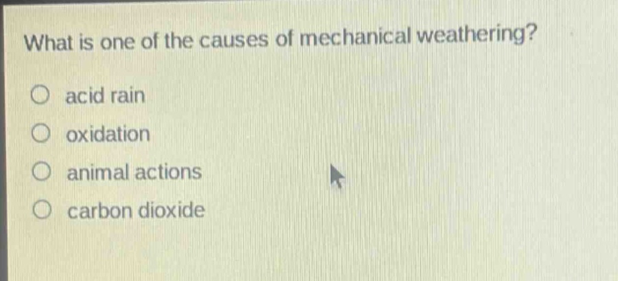 what is one of the causes of mechanical weathering?\n○ acid rain\n○ oxidation\n○ animal actions\n○ carbon dioxide