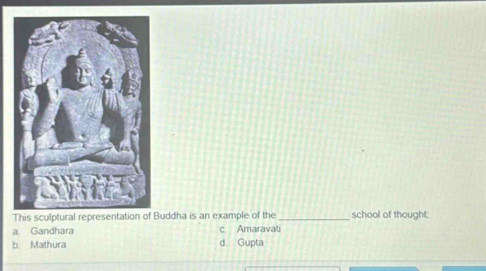 this sculptural representation of buddha is an example of the ____________ school of thought.\na. gandhara c. amaravati\nb. mathura d. gupta