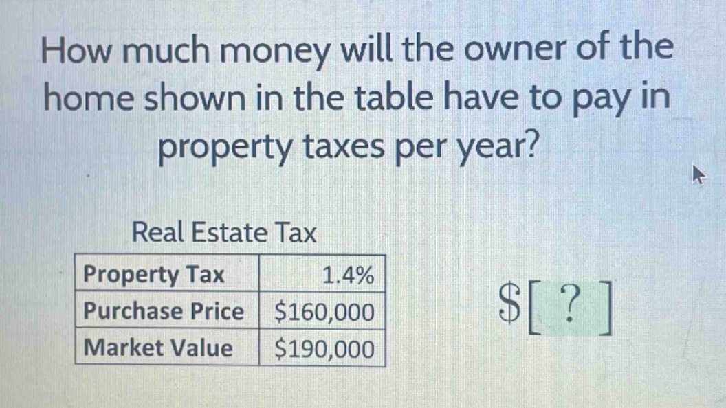 how much money will the owner of the home shown in the table have to pay in property taxes per year?\nreal estate tax\n|property tax|1.4%|\n|purchase price|$160,000|\n|market value|$190,000|