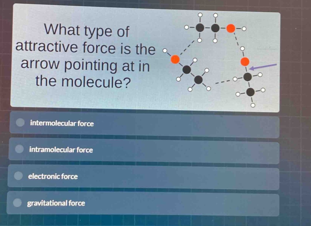 what type of attractive force is the arrow pointing at in the molecule?\nintermolecular force\nintramolecular force\nelectronic force\ngravitational force