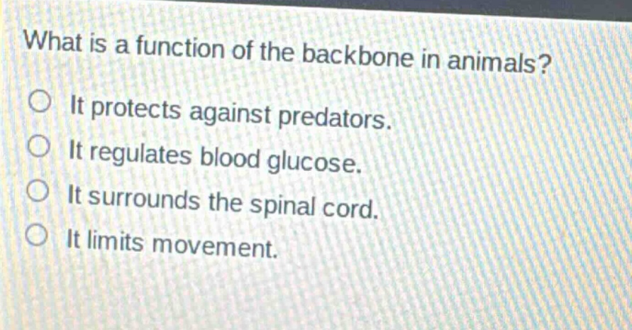 what is a function of the backbone in animals?\nit protects against predators.\nit regulates blood glucose.\nit surrounds the spinal cord.\nit limits movement.