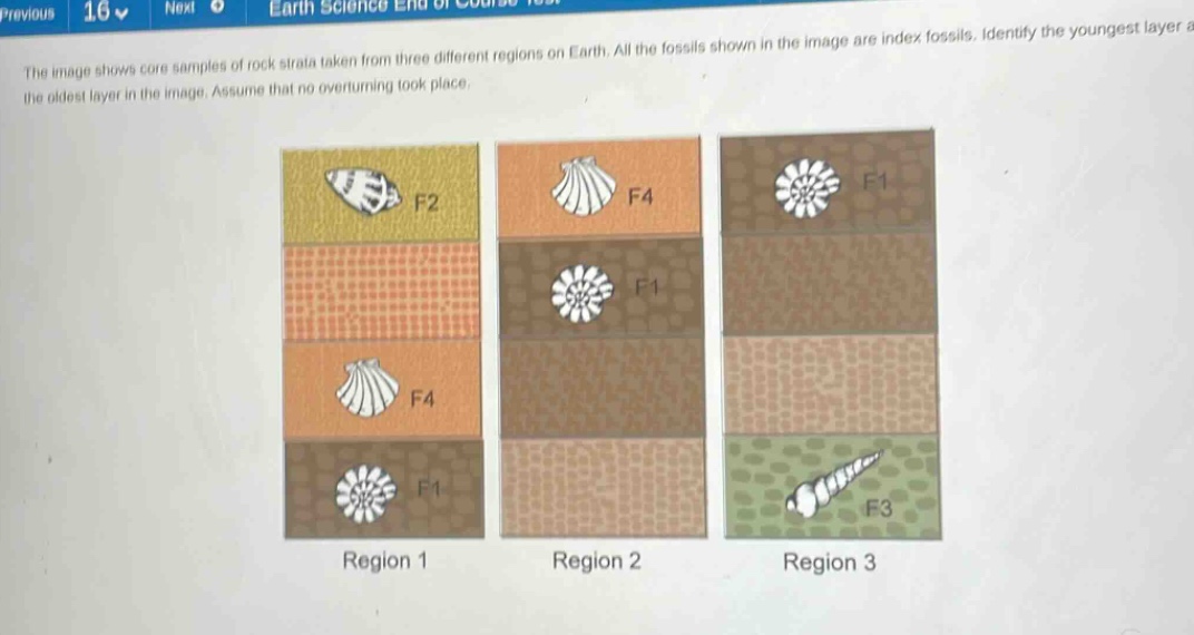 the image shows core samples of rock strata taken from three different regions on earth. all the fossils shown in the image are index fossils. identify the youngest layer and the oldest layer in the image. assume that no overturning took place.