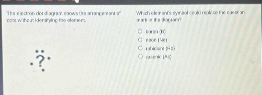 the electron dot diagram shows the arrangement of dots without identifying the element. which elements symbol could replace the question mark in the diagram?\no boron (b)\no neon (ne)\no rubidium (rb)\no arsenic (as)