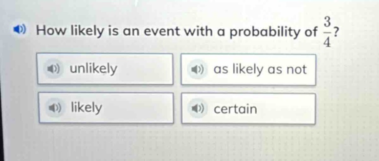 how likely is an event with a probability of $\frac{3}{4}$?\nunlikely\nas likely as not\nlikely\ncertain