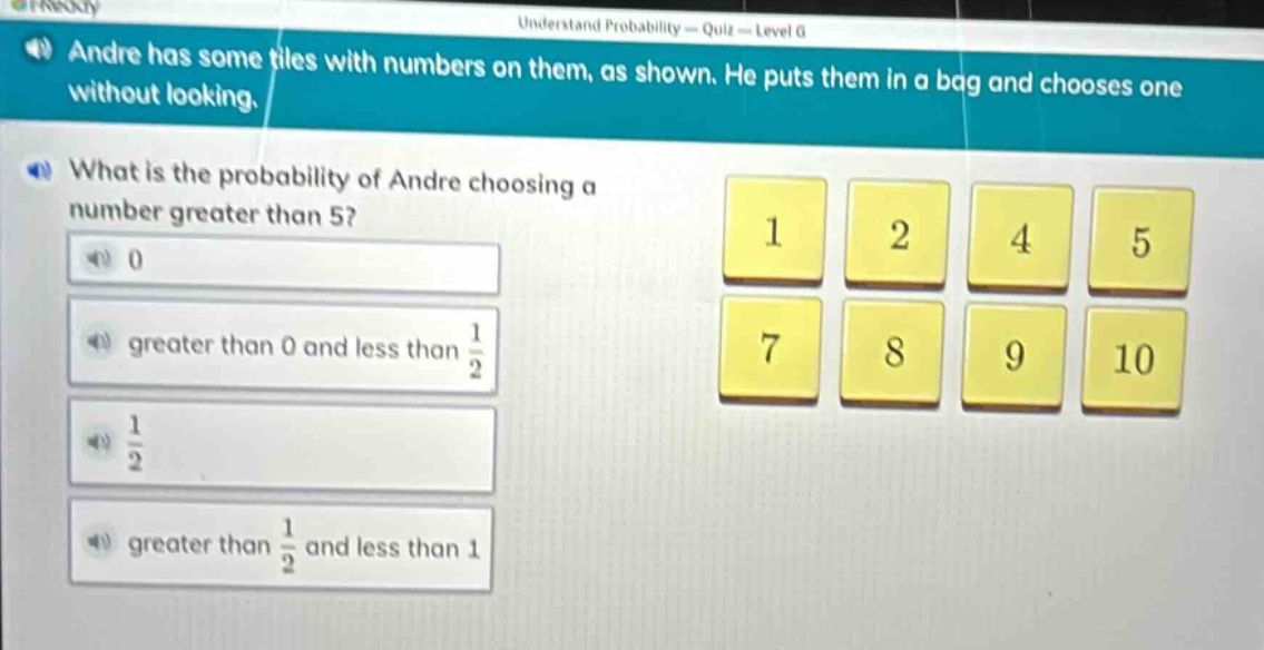 andre has some tiles with numbers on them, as shown. he puts them in a bag and chooses one without looking. what is the probability of andre choosing a number greater than 5? 0 greater than 0 and less than $\frac{1}{2}$ $\frac{1}{2}$ greater than $\frac{1}{2}$ and less than 1