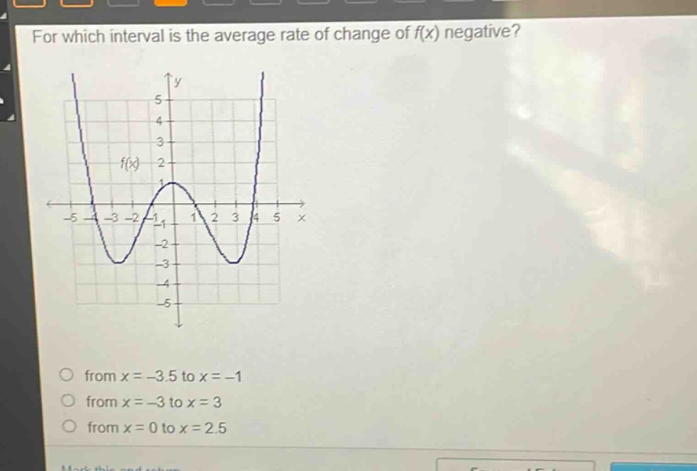 for which interval is the average rate of change of f(x) negative?\no from x = -3.5 to x = -1\no from x = -3 to x = 3\no from x = 0 to x = 2.5
