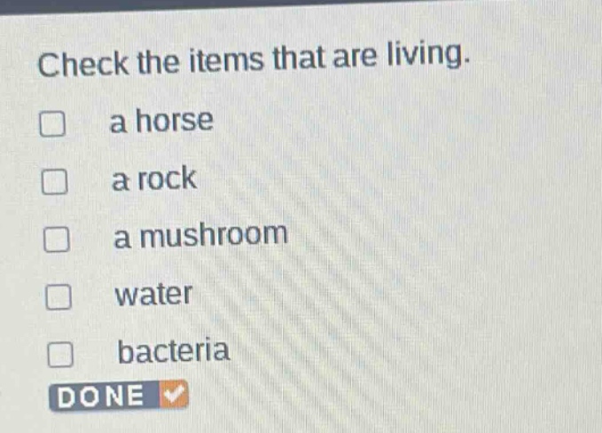 check the items that are living.\n□ a horse\n□ a rock\n□ a mushroom\n□ water\n□ bacteria\ndone