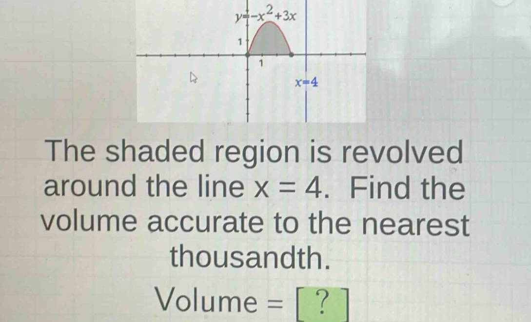 the shaded region is revolved around the line x = 4. find the volume accurate to the nearest thousandth. volume = ?