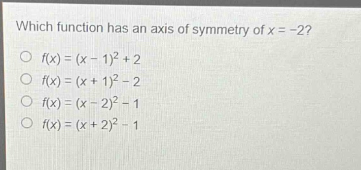 which function has an axis of symmetry of x = -2?\no f(x)=(x - 1)^2+2\no f(x)=(x + 1)^2-2\no f(x)=(x - 2)^2-1\no f(x)=(x + 2)^2-1