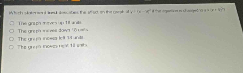 which statement best describes the effect on the graph of $y=(x - 9)^2$ if the equation is changed to $y=(x + 9)^2$?\nthe graph moves up 18 units.\nthe graph moves down 18 units.\nthe graph moves left 18 units.\nthe graph moves right 18 units.