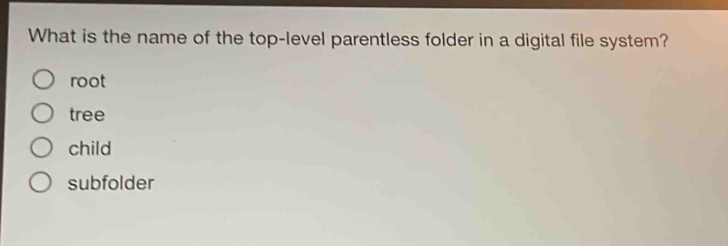 what is the name of the top - level parentless folder in a digital file system?\nroot\ntree\nchild\nsubfolder