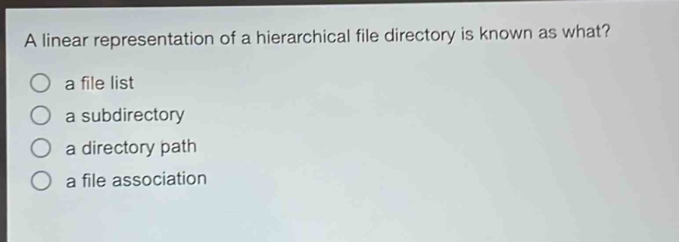 a linear representation of a hierarchical file directory is known as what?\n a file list\n a subdirectory\n a directory path\n a file association