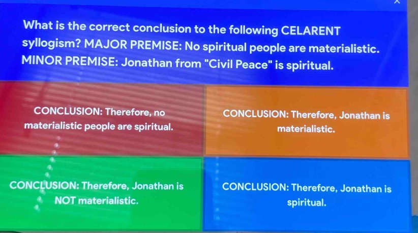 what is the correct conclusion to the following celarent syllogism? major premise: no spiritual people are materialistic. minor premise: jonathan from \civil peace\ is spiritual. conclusion: therefore, no materialistic people are spiritual. conclusion: therefore, jonathan is materialistic. conclusion: therefore, jonathan is not materialistic. conclusion: therefore, jonathan is spiritual.