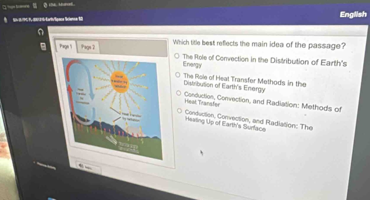 which title best reflects the main idea of the passage?\nthe role of convection in the distribution of earth’s energy\nthe role of heat transfer methods in the distribution of earth’s energy\nconduction, convection, and radiation: methods of heat transfer\nconduction, convection, and radiation: the heating up of earth’s surface