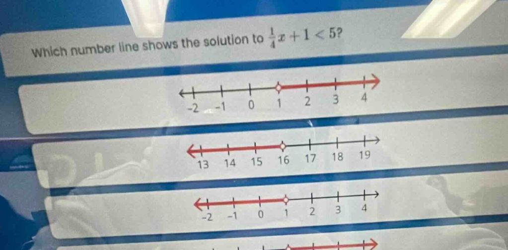 which number line shows the solution to $\frac{1}{4}x + 1 < 5$?