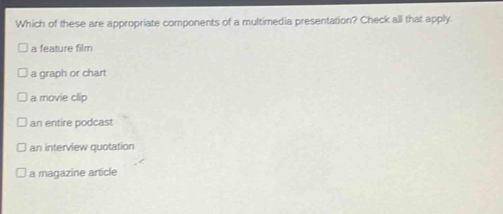 which of these are appropriate components of a multimedia presentation? check all that apply.\n□ a feature film\n□ a graph or chart\n□ a movie clip\n□ an entire podcast\n□ an interview quotation\n□ a magazine article