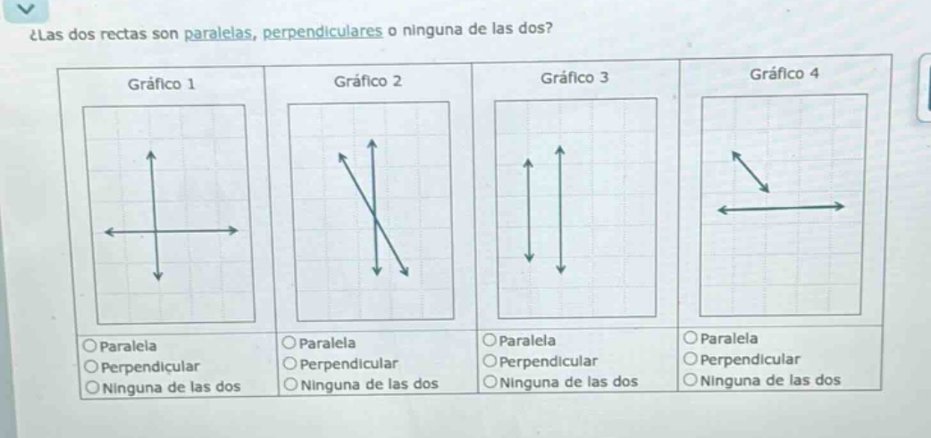 ¿las dos rectas son paralelas, perpendiculares o ninguna de las dos?\ngráfico 1\ngráfico 2\ngráfico 3\ngráfico 4\nparalela\nparalela\nparalela\nparalela\nperpendicular\nperpendicular\nperpendicular\nperpendicular\nninguna de las dos\nninguna de las dos\nninguna de las dos\nninguna de las dos