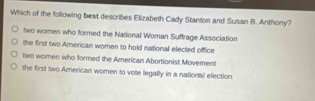 which of the following best describes elizabeth cady stanton and susan b. anthony?\n two women who formed the national woman suffrage association\n the first two american women to hold national elected office\n two women who formed the american abortionist movement\n the first two american women to vote legally in a national election