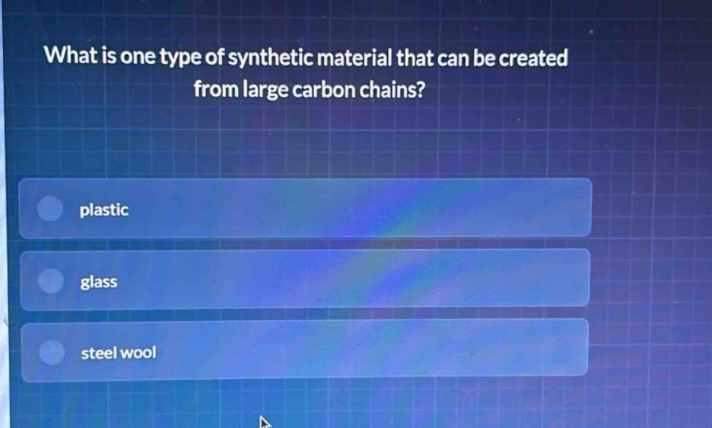 what is one type of synthetic material that can be created from large carbon chains?\nplastic\nglass\nsteel wool