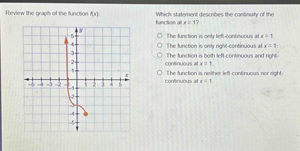 review the graph of the function f(x). which statement describes the continuity of the function at x = 1? the function is only left - continuous at x = 1. the function is only right - continuous at x = 1. the function is both left - continuous and right - continuous at x = 1. the function is neither left - continuous nor right - continuous at x = 1.