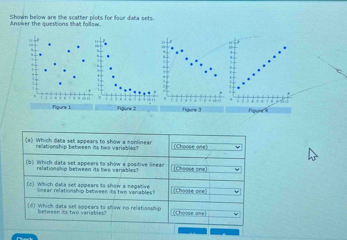 shown below are the scatter plots for four data sets. answer the questions that follow.\n(a) which data set appears to show a nonlinear relationship between its two variables? (choose one)\n(b) which data set appears to show a positive linear relationship between its two variables? (choose one)\n(c) which data set appears to show a negative linear relationship between its two variables? (choose one)\n(d) which data set appears to show no relationship between its two variables? (choose one)