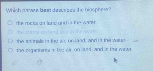 which phrase best describes the biosphere?\no the rocks on land and in the water\no the plants on land and in the water\no the animals in the air, on land, and in the water\no the organisms in the air, on land, and in the water